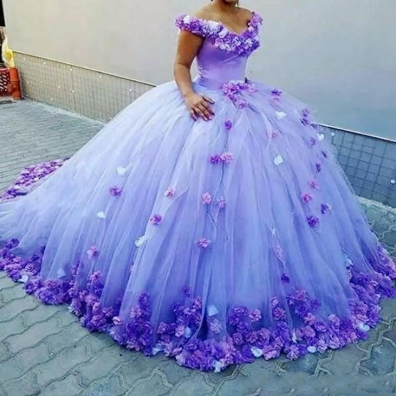Off the Shoulder Lavender /Coral Floral Flowers Ball Gown Quinceanera Dress Wedding Gown