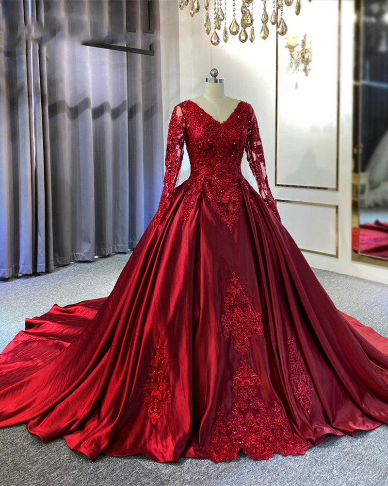 Vintage Ball Gown Long Sleeves Satin Wine Red Wedding Dress with Lace WD10609