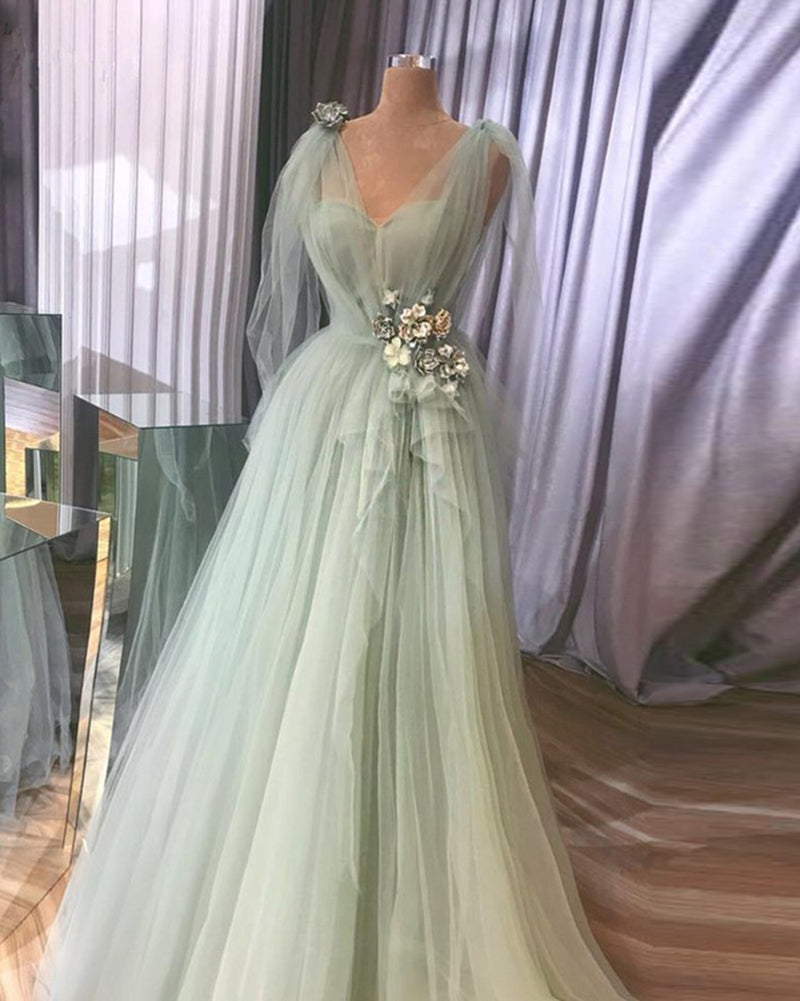 Hermoso vestido de fiesta de tul verde salvia pálido con flores hechas a mano, vestido de fiesta formal largo PL2813