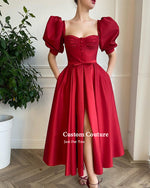 Wine Red Puffy Sleeve Prom Dress Teal Length Party Gown with Slit PL10415