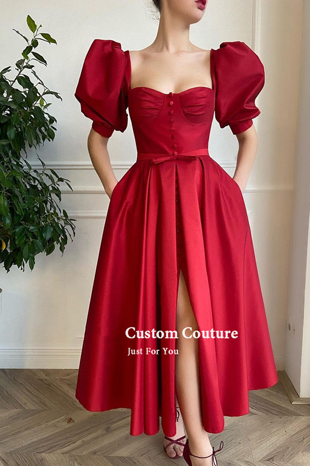 Wine Red Puffy Sleeve Prom Dress Teal Length Party Gown with Slit PL10 Siaoryne Wine Red Puffy Sleeve Prom Dress Teal Length Party Gown with Slit PL10 Siaoryne
