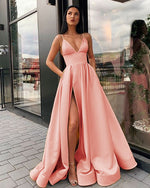 Sexy High Split Satin A Line V Neck Navy Blue Long Gown Formal Dress with Pockets PL10107