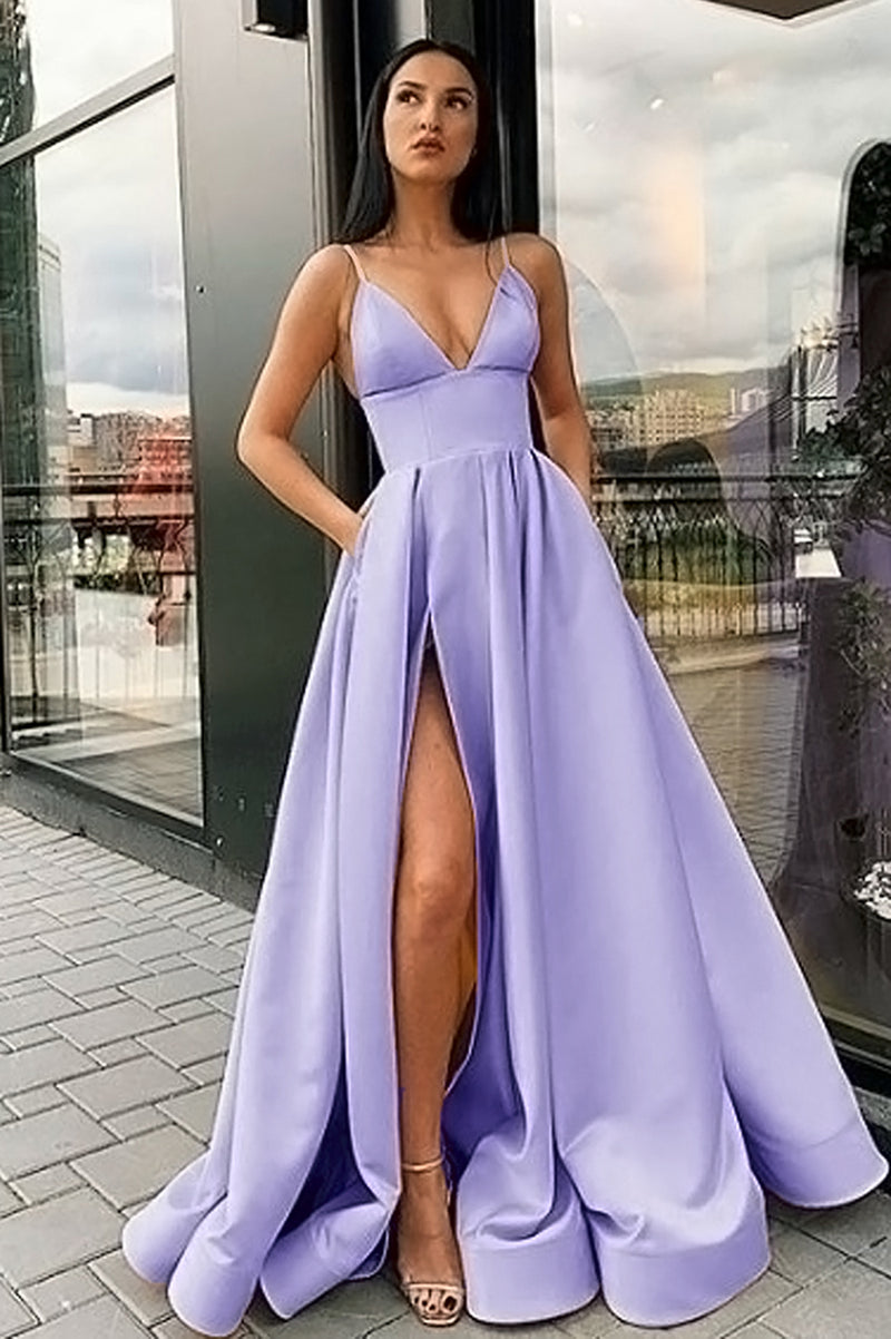 Elegant A Line Satin Pocket Lilac lavender Long Evening Party Gown Girls Sweet 16 Dresses PL101252