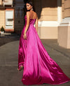 Sexy Slit V Neck Satin Long Red Prom Dress 2022 with Spaghetti Straps Vestido PL109191