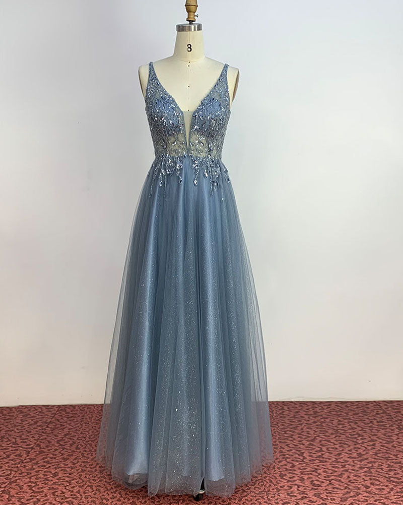 Amazing Glitter Blue V Neck Floor Length Long Prom Dress with Crystal Beaded Party Gowns