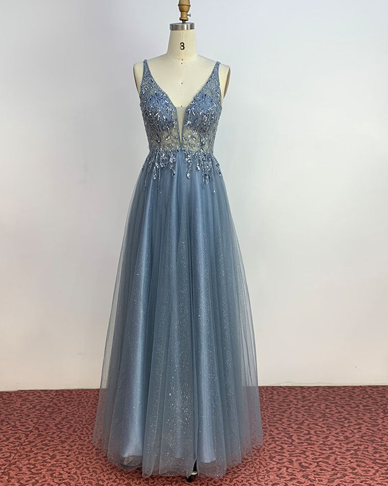 Amazing Glitter Blue V Neck Floor Length Long Prom Dress with Crystal Beaded Party Gowns