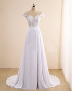 Elegant White Boho Beach Wedding Dress Front High Split Chiffon Floor Length Bridal Gown WD11130
