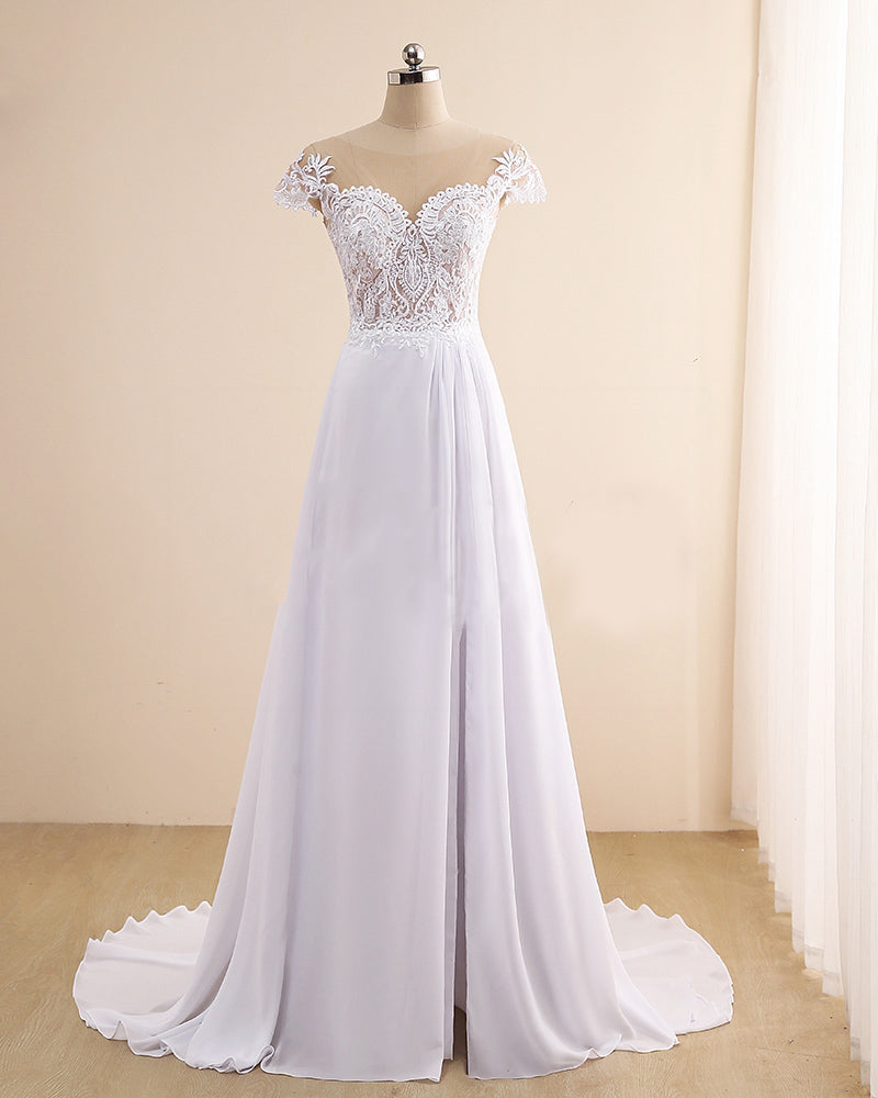 Elegant White Boho Beach Wedding Dress Front High Split Chiffon Floor Length Bridal Gown WD11130