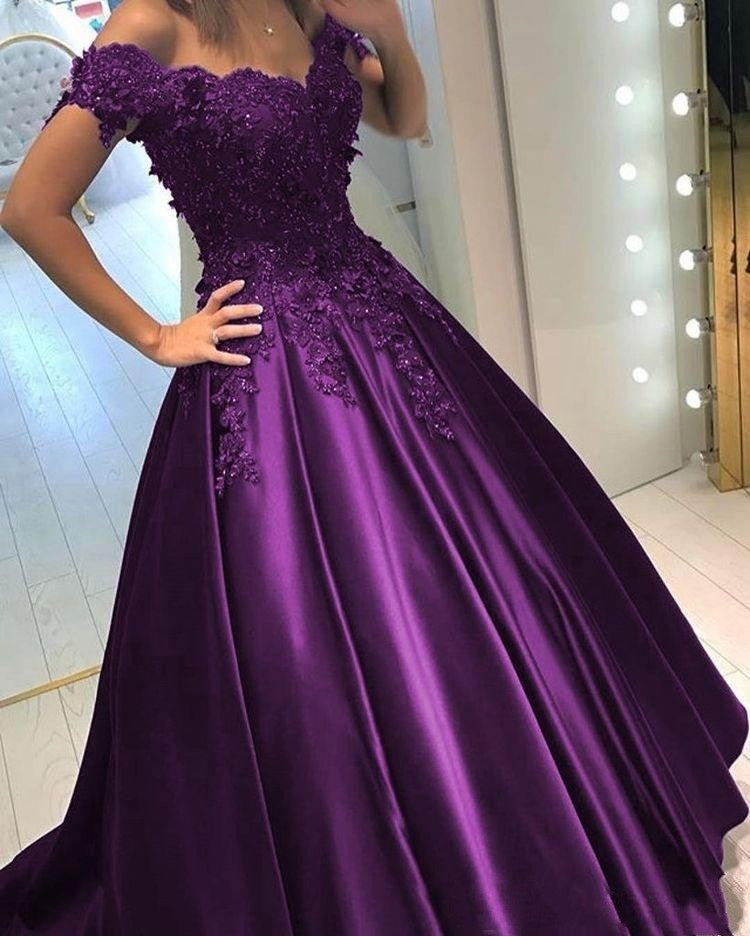 Purple Ball Gown Wedding Dress Off the shoulder Lace Quinceanera Debutante Prom Gown PL01202