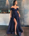Off Shoulder Satin A Line Hunter Green Prom Dress Long Graduation Gown