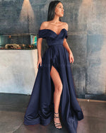 Off Shoulder Satin A Line Hunter Green Prom Dress Long Graduation Gown
