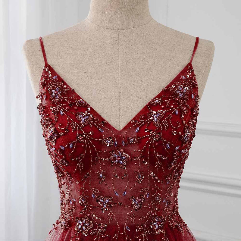 Dark Red/Burgundy Tulle Beaded Crstal Long Seniro Girls Prom Dress Long Formal Outfit 2022