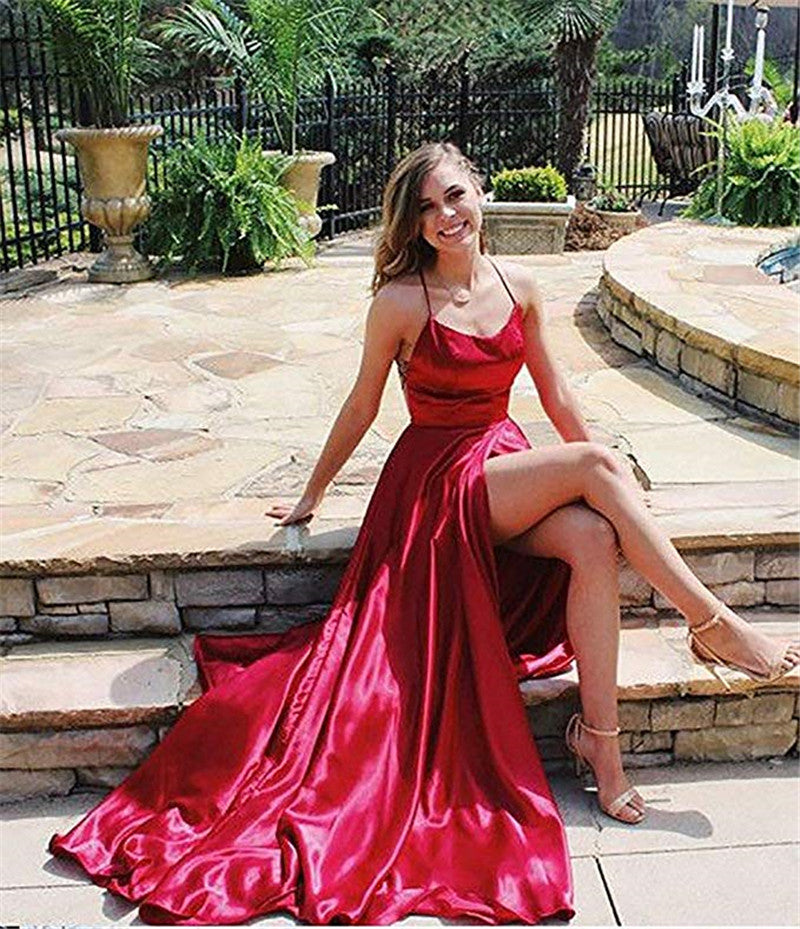 Halter Neck Prom Dresses 2021 Sexy Backless Front Split Satin A-line Prom Party Dress vestidos de festa longo PL10311