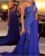 Royal Blue Evening Dresses 2022 Floor Length Chiffon See Through One Shoulder Appliqued Lace A-Line Party Gown Plus Size PL11181