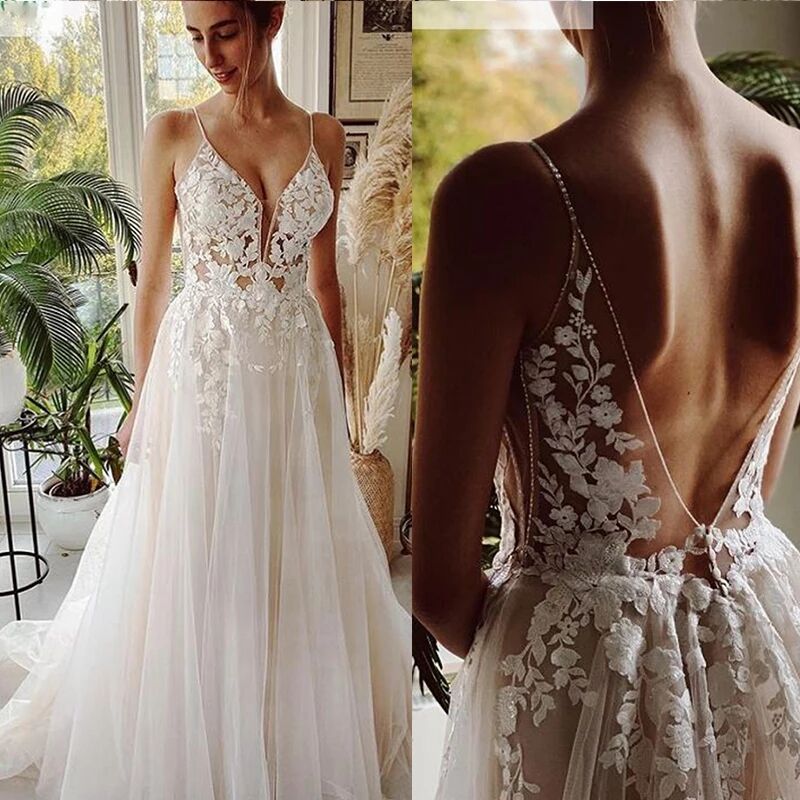 Beach Wedding Dresses 2022 Long Tulle Lace Vintage Bridal Gown A-Line Court Train Pluging V-Neck Vestido de Noiva