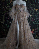 A-Line Sweetheart Neck Star Sequin Detachable Sleeves Prom Dress High Slit Backless Floor-length with A Train Elegant Party Gown