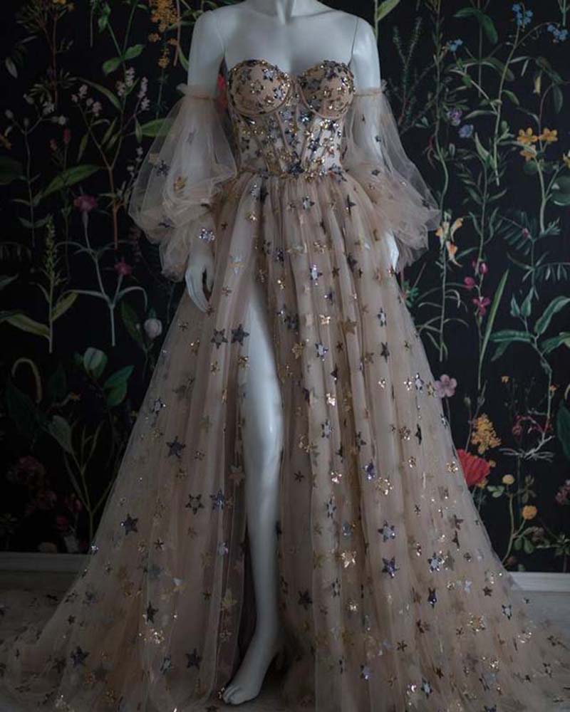 A-Line Sweetheart Neck Star Sequin Detachable Sleeves Prom Dress High Slit Backless Floor-length with A Train Elegant Party Gown