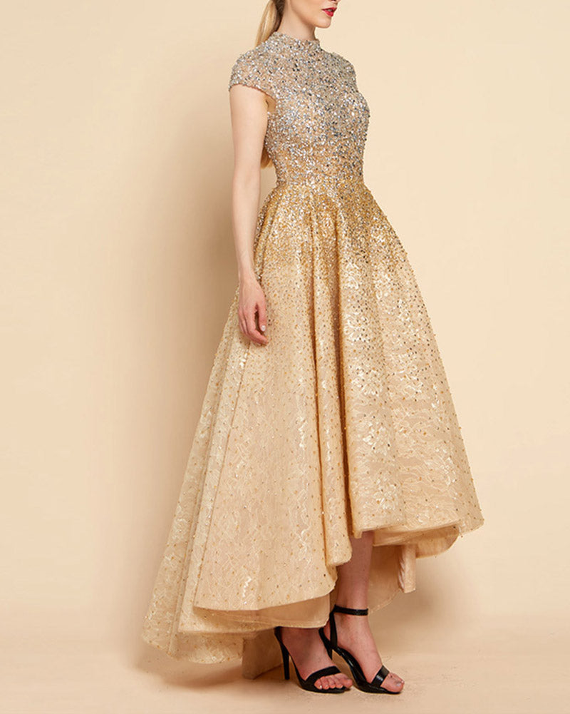 Top Fully Beading High Neck Hi-Lo Evening Dresses ,Women Formal Gowns Gold Color PL302