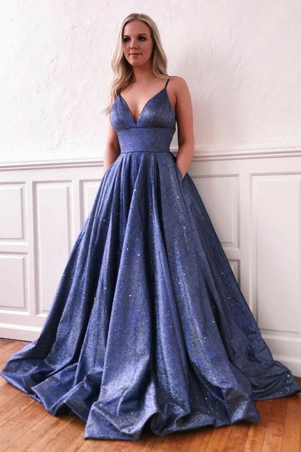 Glitter Purple Prom Dresses Long 2024 With Pockets Spaghetti Strap Formal Gown Lace Up Back