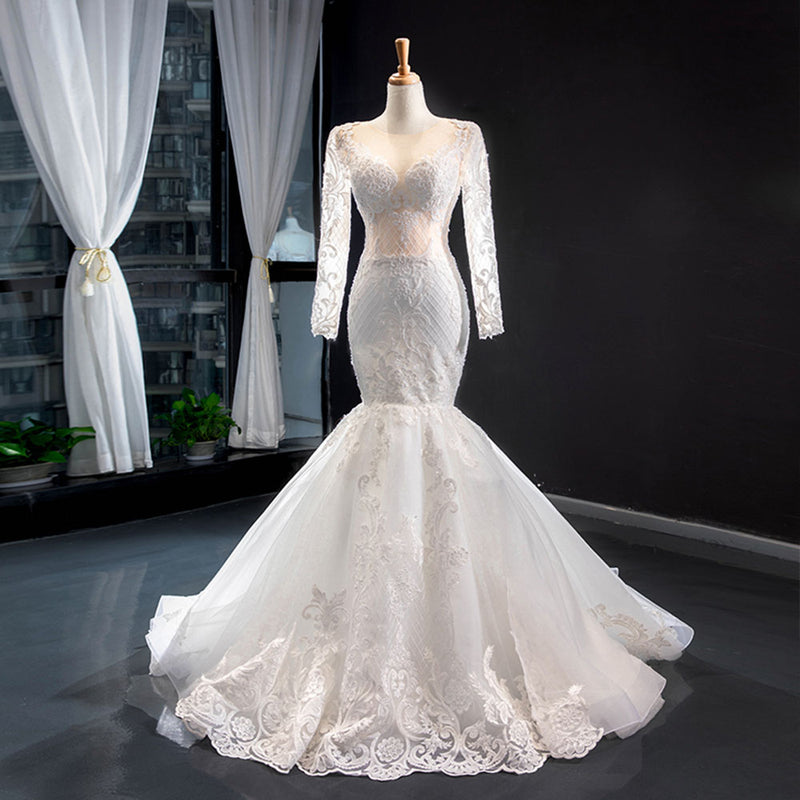 Amazing 2 Pieces Appliques Lace Long Sleeve Mermaid Wedding Dress 2021 With DetachableTrain Vestido De Noiva WD10909