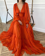 Puffy Long Sleeves Orange V Neck Formal Dresses Gown PL101102