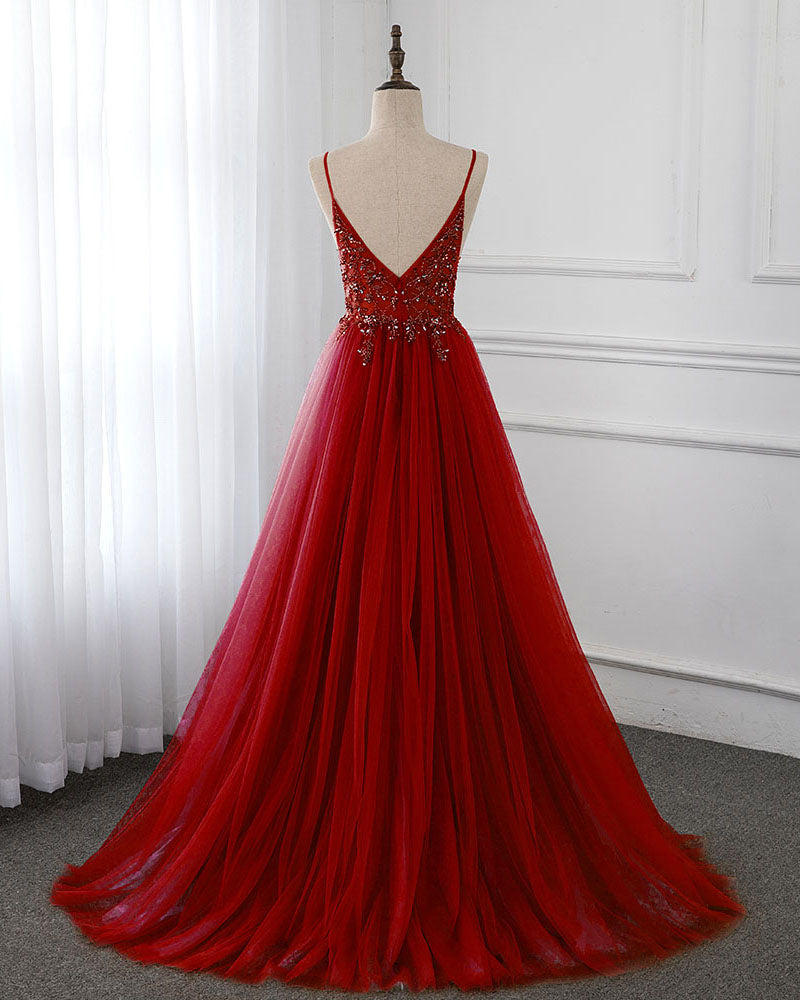 Dark Red/Burgundy Tulle Beaded Crstal Long Seniro Girls Prom Dress Long Formal Outfit 2022