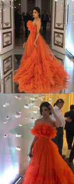 Ruffles Tulle Strapless Tiered  Orange Prom Dresses 2021 A Line Special Occasion Gowns PL10624
