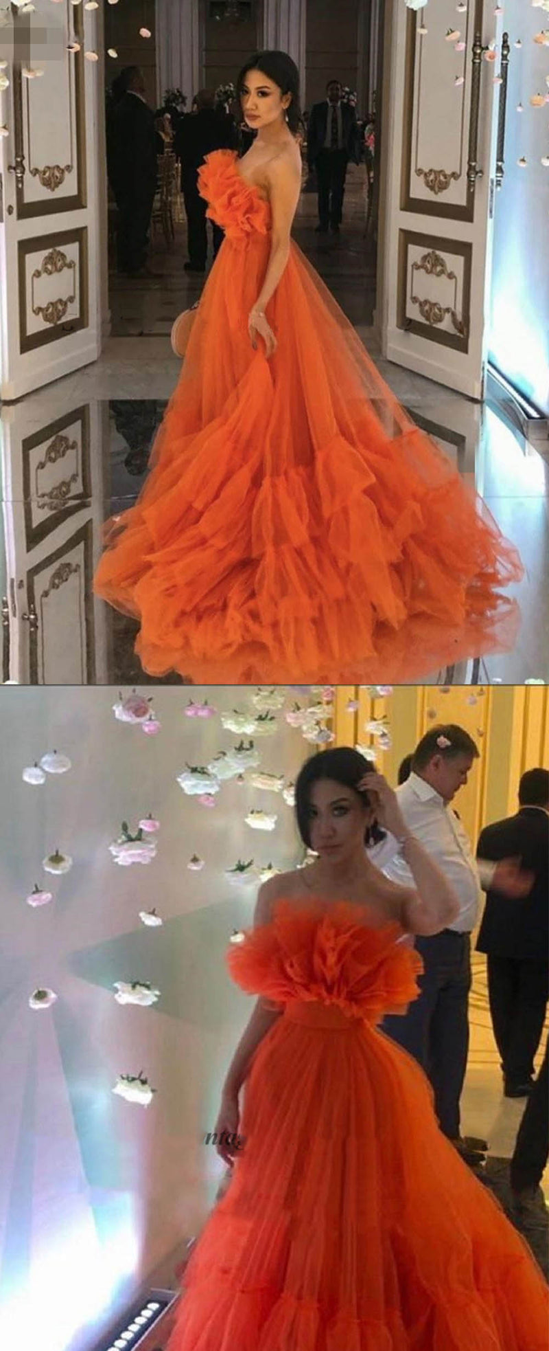 Ruffles Tulle Strapless Tiered  Orange Prom Dresses 2021 A Line Special Occasion Gowns PL10624