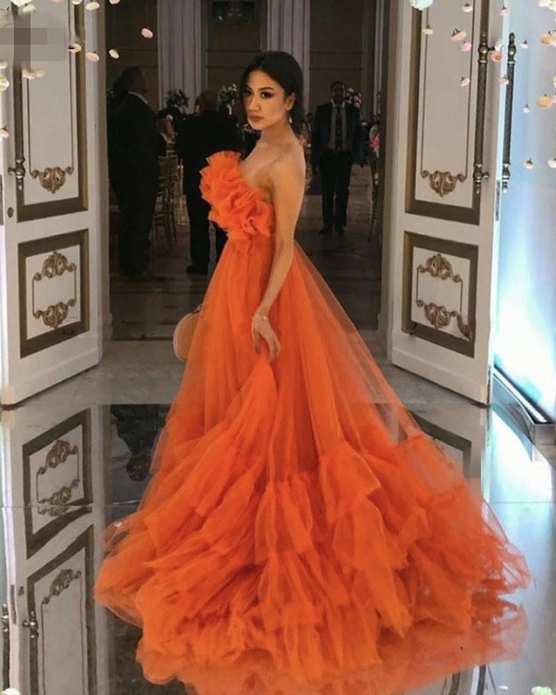 Ruffles Tulle Strapless Tiered  Orange Prom Dresses 2021 A Line Special Occasion Gowns PL10624