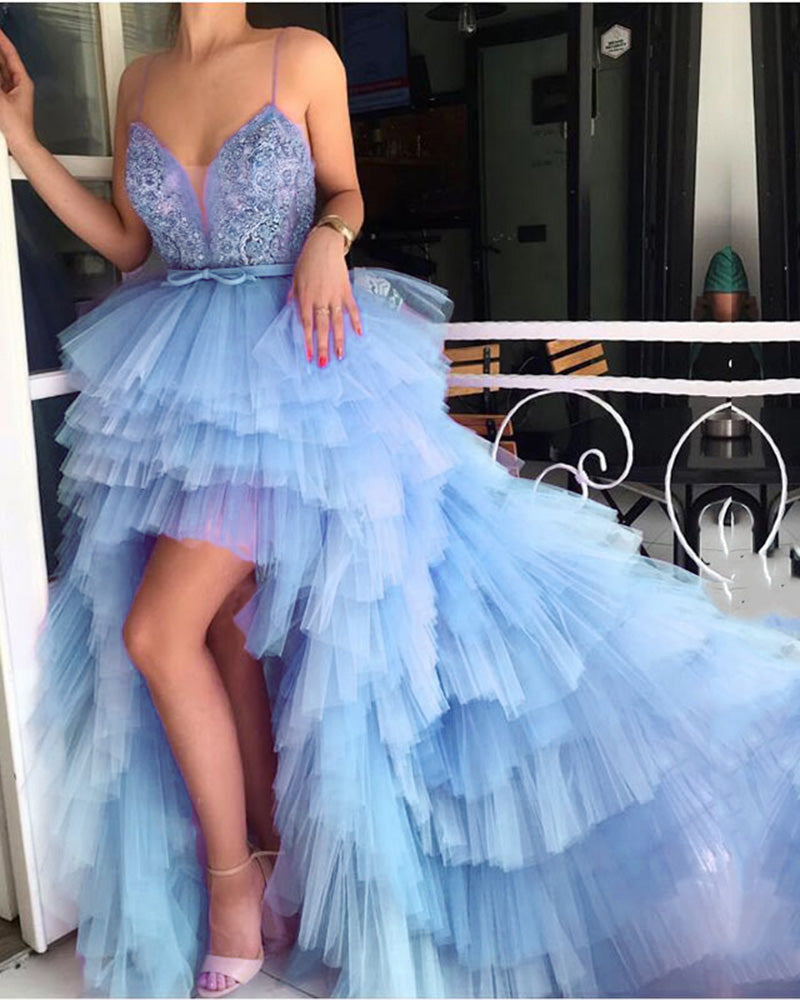 Blue High Low Layered Party Dress Long Prom Gown with beading PL11171
