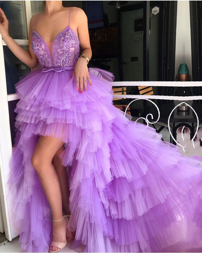 Blue High Low Layered Party Dress Long Prom Gown with beading PL11171