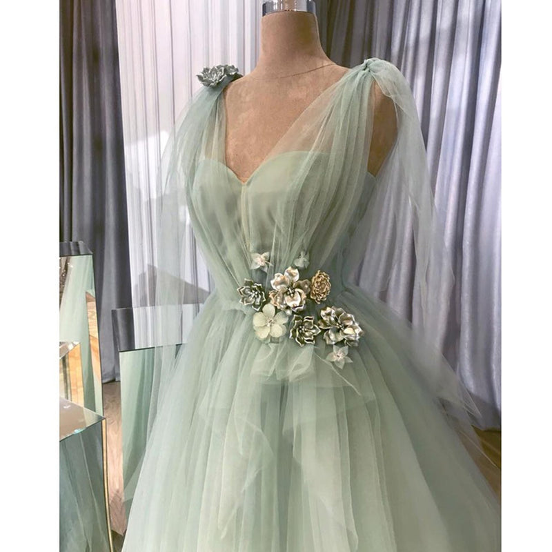 Beautiful Prom Dress Pale Sage Green tulle With Handmade Fowers Long F Siaoryne Beautiful Prom Dress Pale Sage Green tulle With Handmade Fowers Long F Siaoryne