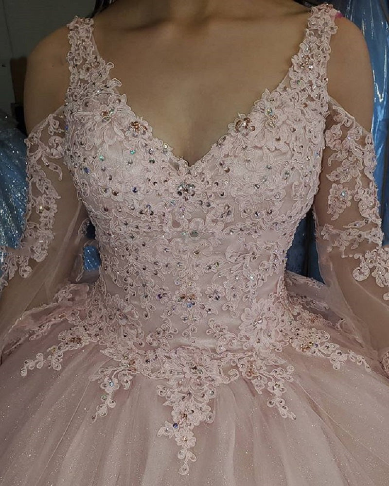Vintage Lace Pink Ball Gown Brithday Dress for Sweet 16/15 Girls Quinceanera Dresses with Long Sleeves