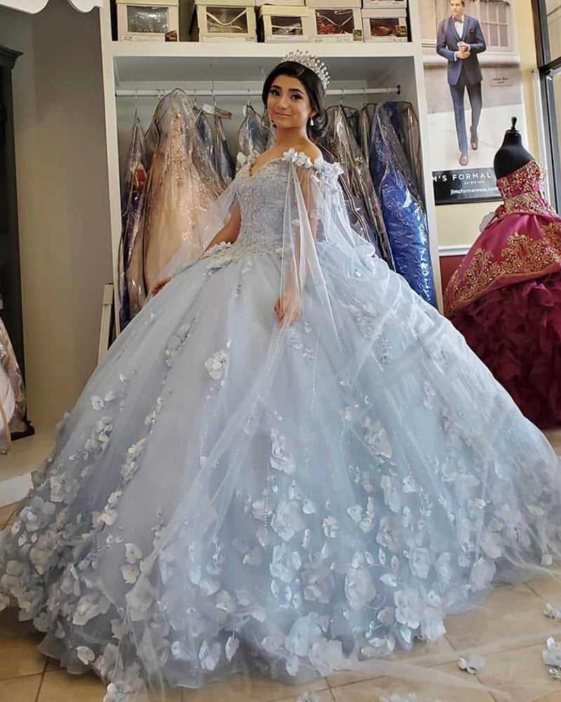 Light Blue Quinceanera Dress 2021 Off Shoulder Flowers Sequins Beads Puffy Party Princess Sweet 16 Gown Vestidos De 15 Añosvestidos de quinceañera con flores LP10205