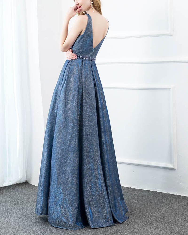 Elegant A Line Satin V Neck  Blue Prom Dresses  with Crsytal Belt Long Evening Gowns 20202
