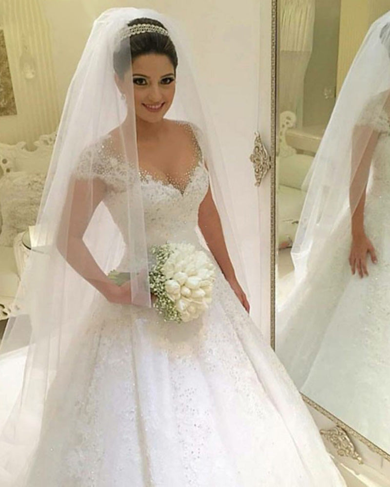 Classic Sexy Beading Lace Bridal Gown Robe De Mariee Ball Gowb Wedding Dresses 2020 WD03201