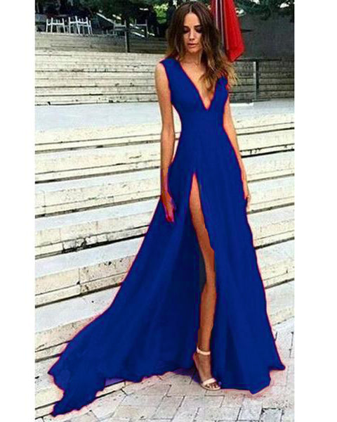 Red Flowing Chiffon Deep V Neck Sexy Summer Evening  Party Gown Long Prom Dresses Vestido De Festa LP478