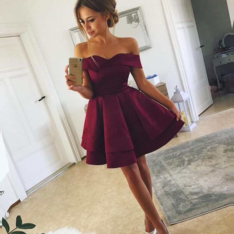 Lovely 2022 Dark Red Off the Shoulder Short  Graduation Prom Dress 8th Grade Junior Prom Gown