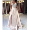 Elegant Graduation Prom Dress A Line Satin Beaded Pearl Pale Pink Girls Formal Evening Gown