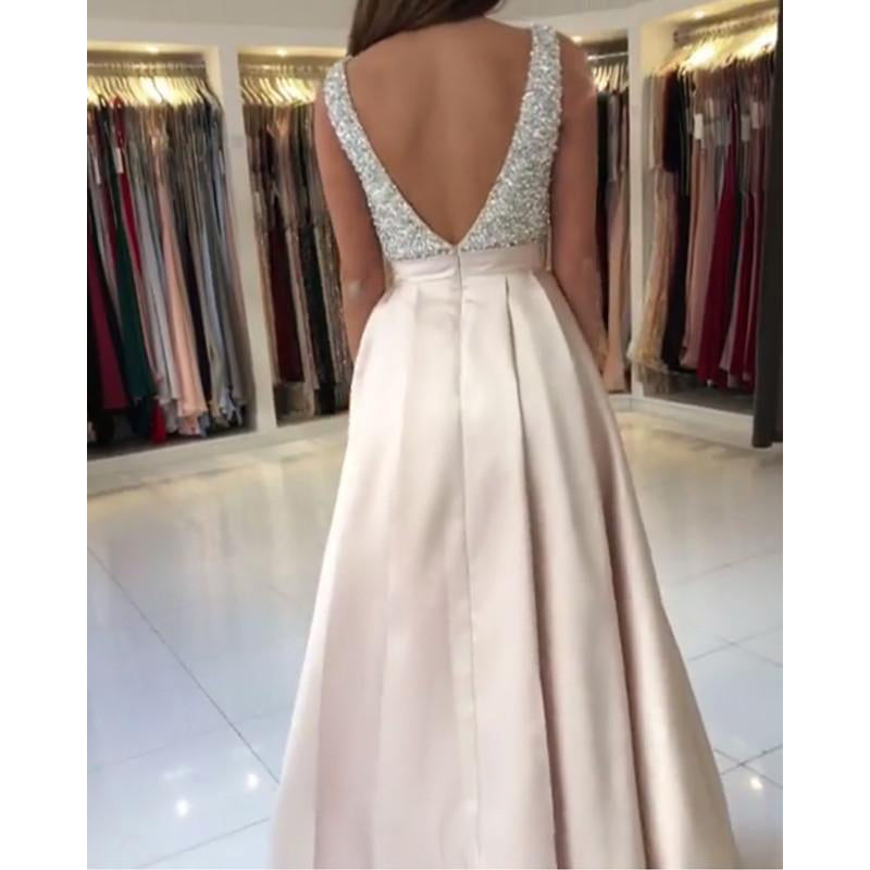 Elegant Graduation Prom Dress A Line Satin Beaded Pearl Pale Pink Girls Formal Evening Gown
