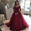 WD2154 Vintage Arabic Style Wedding Dress  Attachable Train ,Burgundy Lace Appliqued Long Sleeves Bride Gown