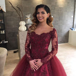 WD2154 Vintage Arabic Style Wedding Dress  Attachable Train ,Burgundy Lace Appliqued Long Sleeves Bride Gown