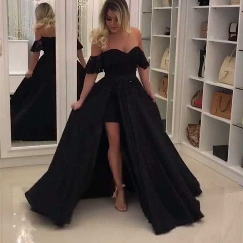LP478 High Low Black Prom Dress,Lace satin off the Shoulder Women Evening Party gown 2022