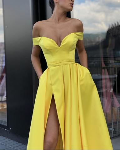 Elegant Bright Yellow Long Prom Dresses with high slit PL5210