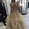 Long Crystal Beaded Two Pieces Prom Dresses Ruffles Ball Gown Skirt 2022