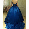 off the shoulder ball gown satin blue wedding dress formal gown with lace prom 2018