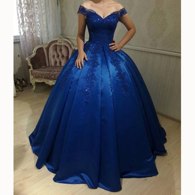 off the shoulder ball gown satin blue wedding dress formal gown with lace prom 2018