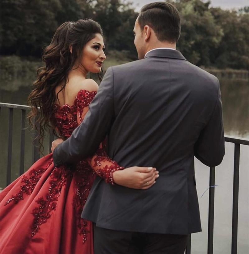 red reception dress for bride Muslim Wedding Dress: High Neck Long Sleeve Islamic Bridal Gown
