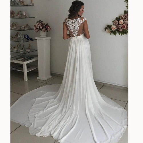 WD3375 Ivory Chiffon Beach Bridal Dresses 2018 with Lace Appliqued Slit Leg Sexy Wedding Gown