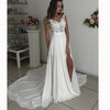 WD3375 Ivory Chiffon Beach Bridal Dresses 2018 with Lace Appliqued Slit Leg Sexy Wedding Gown